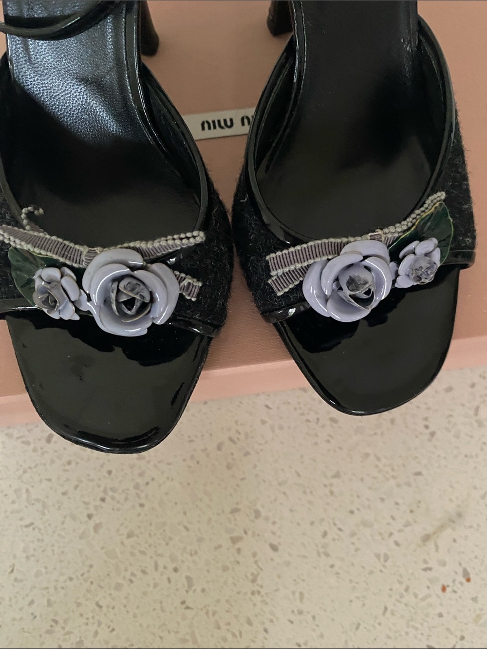 Miu Miu Black Heeled Sandals with Gray Floral Appliqués - Picture 8 of 8